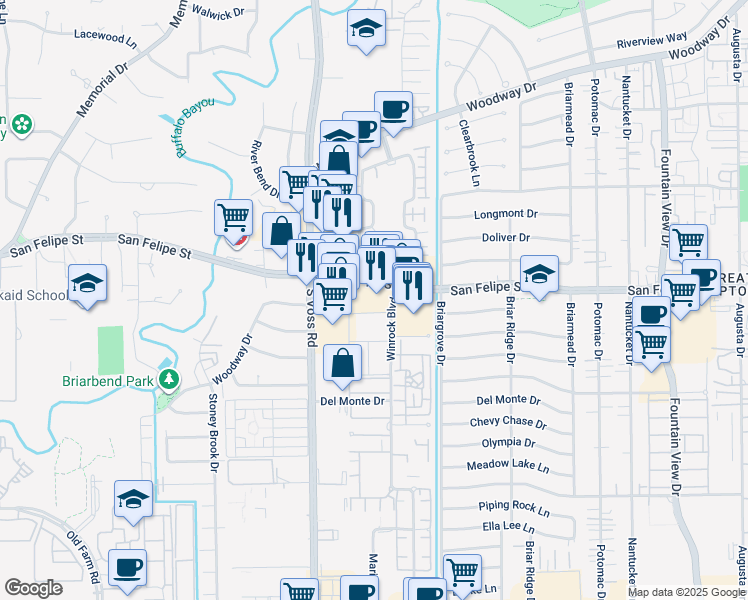 map of restaurants, bars, coffee shops, grocery stores, and more near 6425 San Felipe Street in Houston