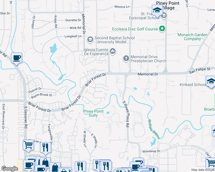 map of restaurants, bars, coffee shops, grocery stores, and more near 74 Sugar Berry Circle in Houston