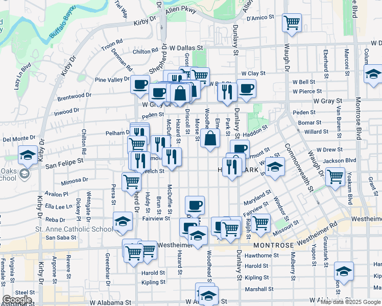 map of restaurants, bars, coffee shops, grocery stores, and more near 1815 Driscoll Street in Houston