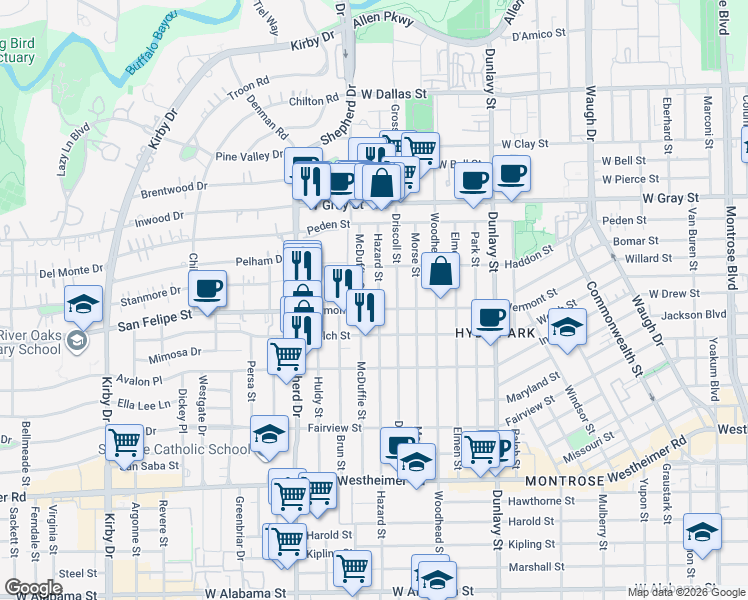 map of restaurants, bars, coffee shops, grocery stores, and more near 1816 Hazard Street in Houston