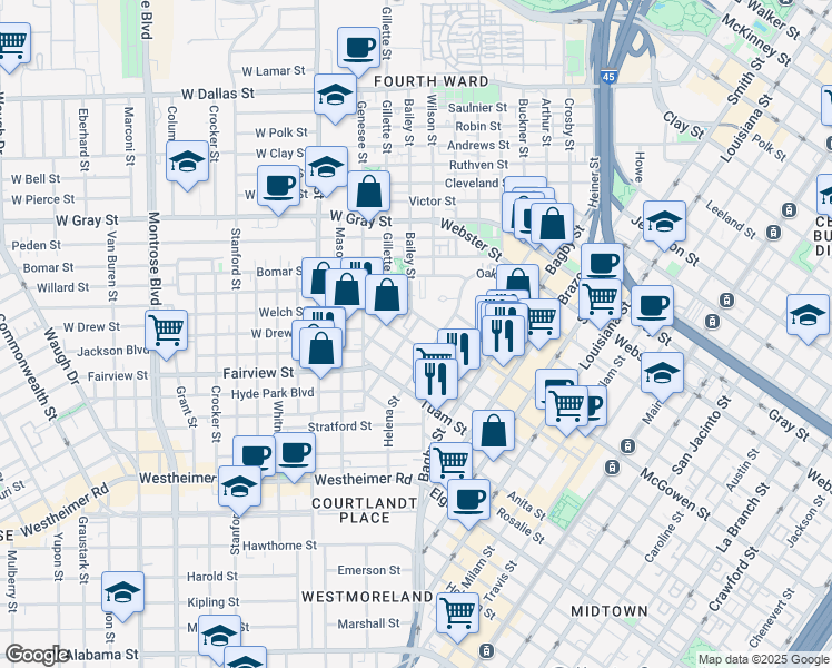 map of restaurants, bars, coffee shops, grocery stores, and more near 2619 Helena St in Houston