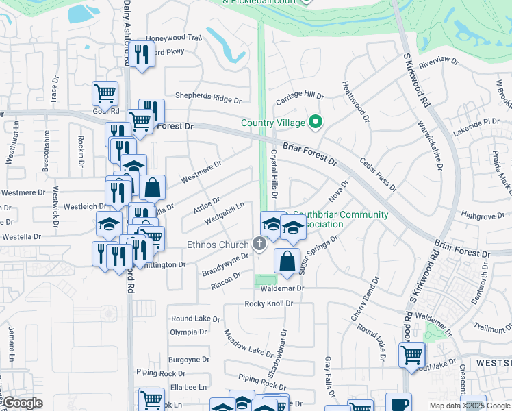 map of restaurants, bars, coffee shops, grocery stores, and more near 1711 Shannon Valley Drive in Houston