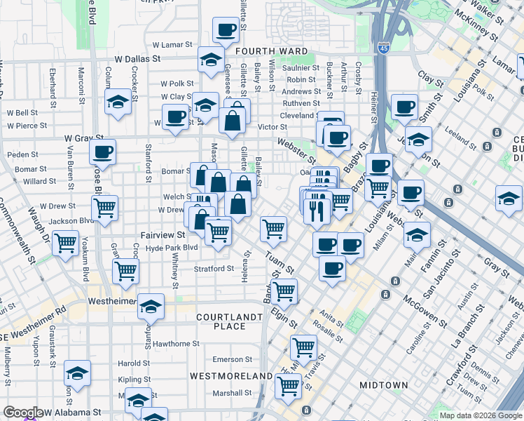 map of restaurants, bars, coffee shops, grocery stores, and more near 2619 Albany Street in Houston