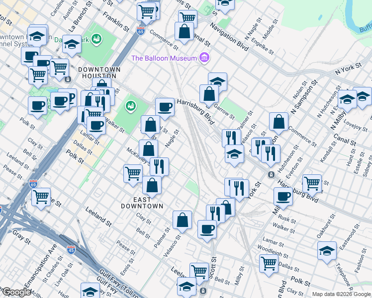 map of restaurants, bars, coffee shops, grocery stores, and more near 2810 Capitol Street in Houston