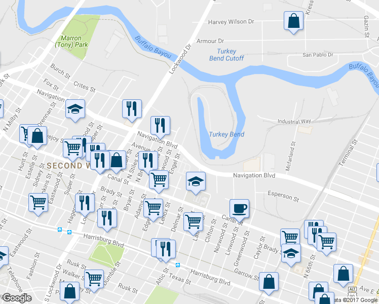 map of restaurants, bars, coffee shops, grocery stores, and more near 5401 Navigation Blvd in Houston