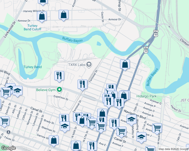 map of restaurants, bars, coffee shops, grocery stores, and more near 1710 Terminal Street in Houston