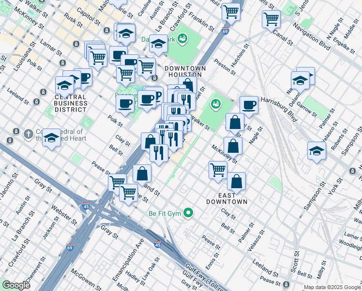 map of restaurants, bars, coffee shops, grocery stores, and more near 2210 Lamar Street in Houston