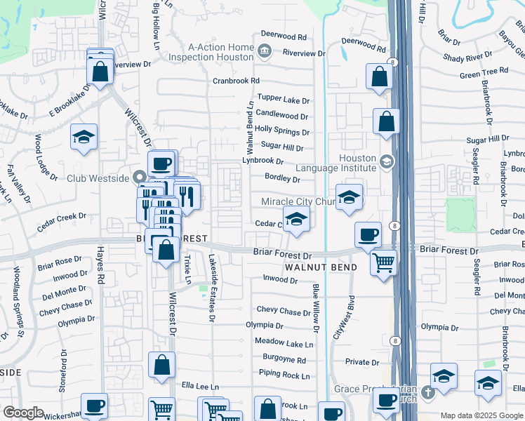 map of restaurants, bars, coffee shops, grocery stores, and more near 10731 Longmont Drive in Houston
