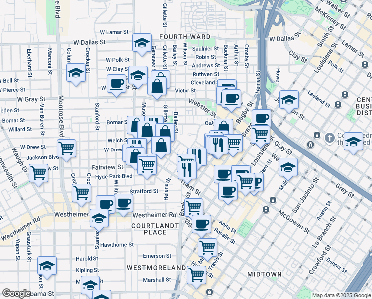 map of restaurants, bars, coffee shops, grocery stores, and more near 2619 Helena Street in Houston