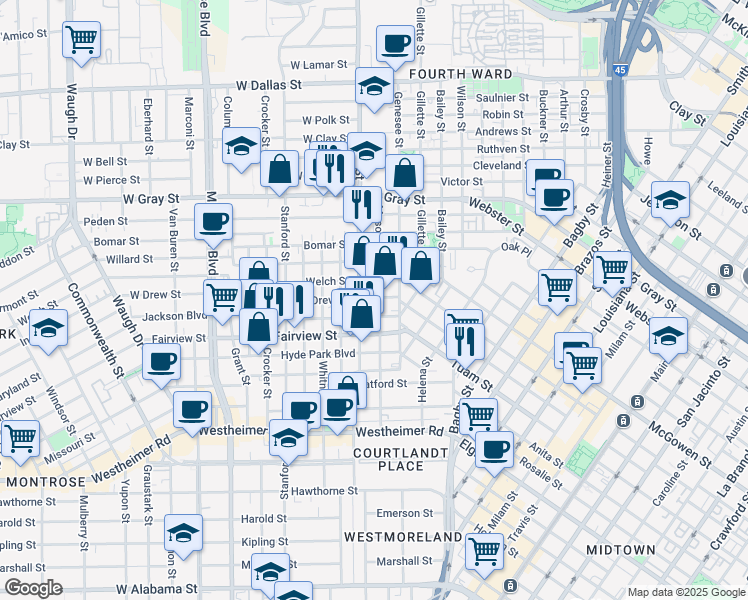 map of restaurants, bars, coffee shops, grocery stores, and more near 2206 Mason Street in Houston