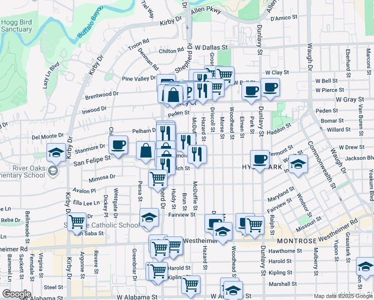 map of restaurants, bars, coffee shops, grocery stores, and more near 1810 Brun Street in Houston
