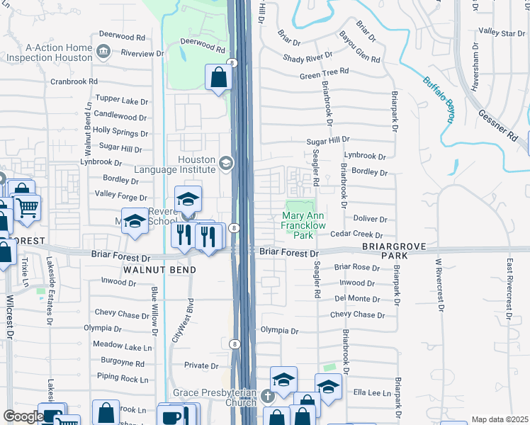 map of restaurants, bars, coffee shops, grocery stores, and more near 10247 Longmont Drive in Houston