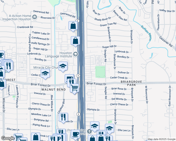 map of restaurants, bars, coffee shops, grocery stores, and more near 10247 Longmont Drive in Houston