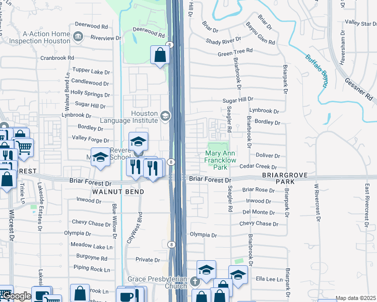 map of restaurants, bars, coffee shops, grocery stores, and more near 10355 Longmont Drive in Houston