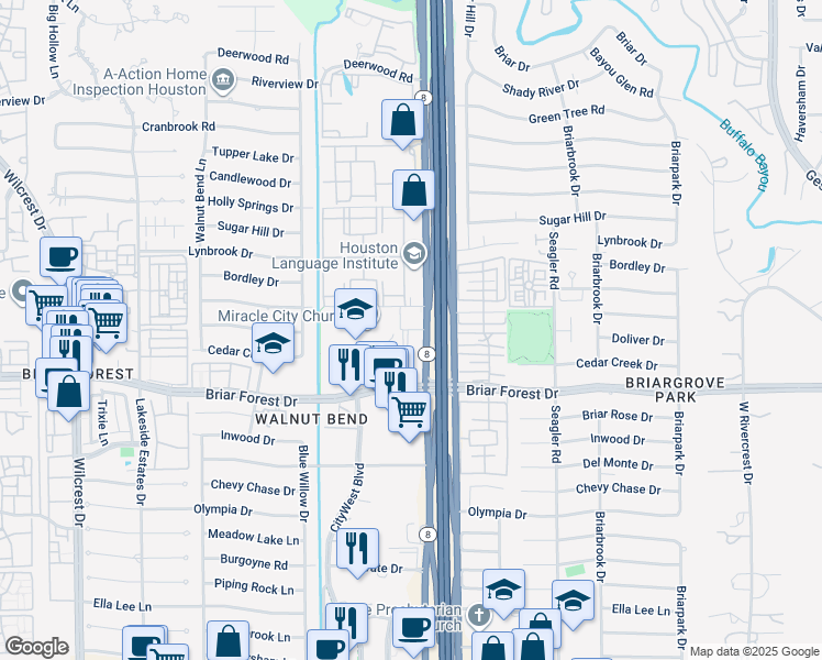 map of restaurants, bars, coffee shops, grocery stores, and more near 1248 Texas 8 Beltway in Houston