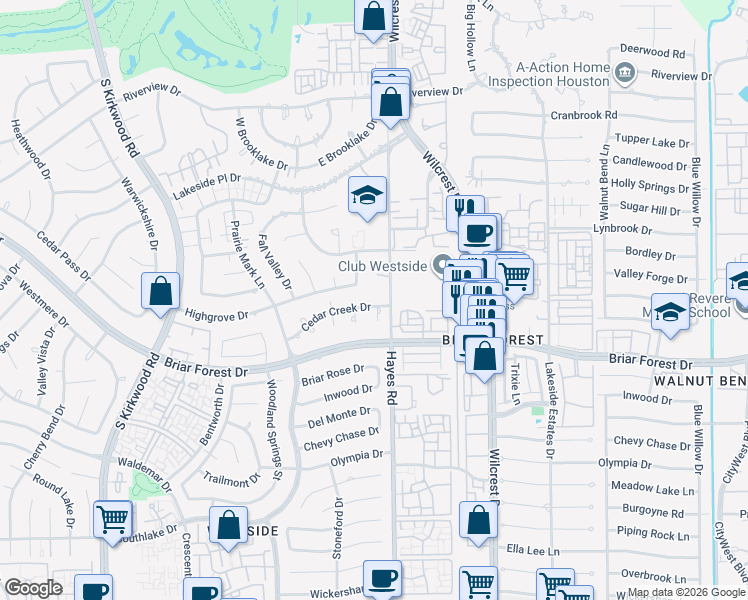 map of restaurants, bars, coffee shops, grocery stores, and more near 11310 Cedar Creek Drive in Houston
