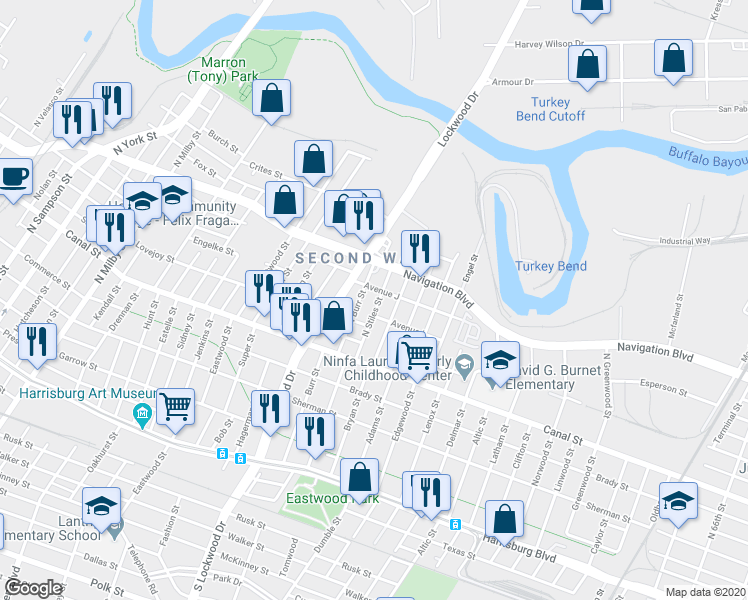 map of restaurants, bars, coffee shops, grocery stores, and more near 327 North Stiles Street in Houston