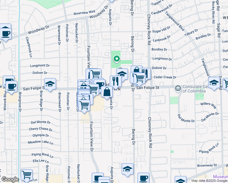 map of restaurants, bars, coffee shops, grocery stores, and more near 5847 San Felipe Street in Houston