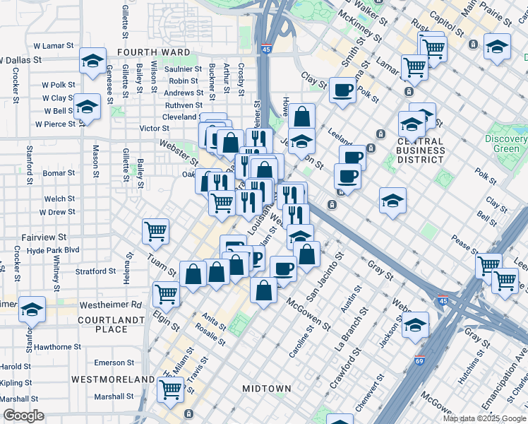 map of restaurants, bars, coffee shops, grocery stores, and more near 2203 Louisiana Street in Houston