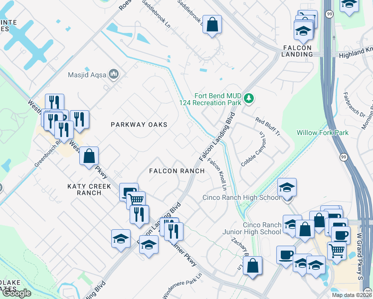 map of restaurants, bars, coffee shops, grocery stores, and more near 2611 Ranch Lake Lane in Katy