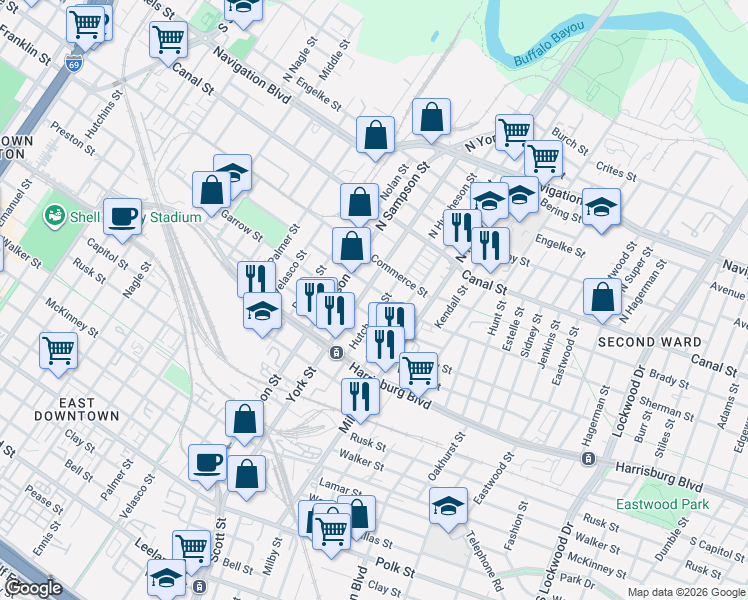 map of restaurants, bars, coffee shops, grocery stores, and more near 3510 Sherman St in Houston