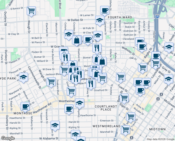 map of restaurants, bars, coffee shops, grocery stores, and more near W Drew St & Whitney St in Houston
