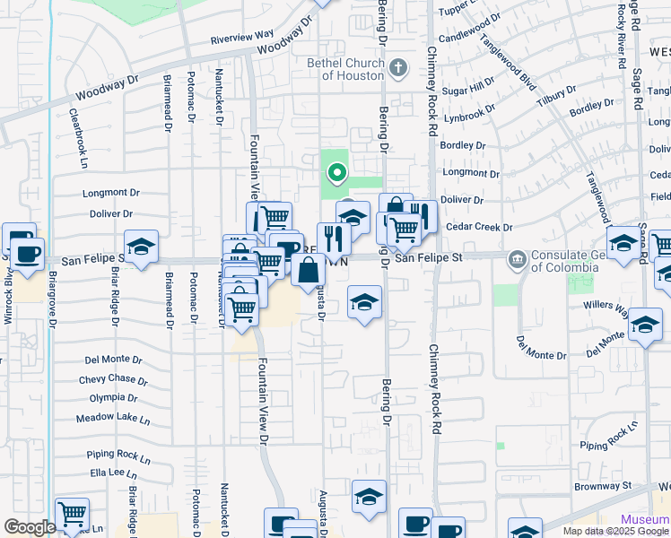 map of restaurants, bars, coffee shops, grocery stores, and more near 5847 San Felipe Street in Houston