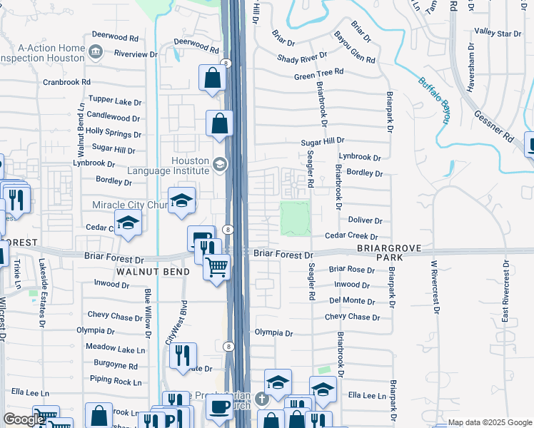 map of restaurants, bars, coffee shops, grocery stores, and more near 10247 Longmont Drive in Houston