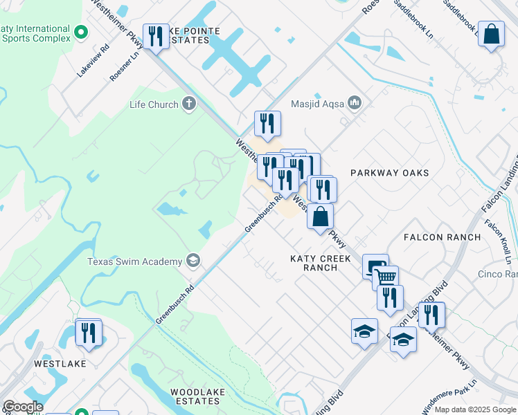 map of restaurants, bars, coffee shops, grocery stores, and more near 3042 Greenbusch Road in Katy