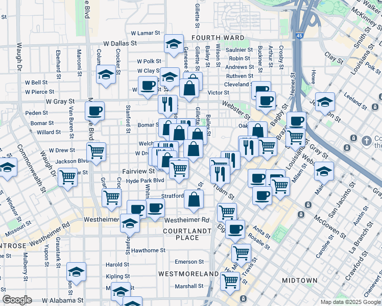 map of restaurants, bars, coffee shops, grocery stores, and more near 2716 Boston St in Houston