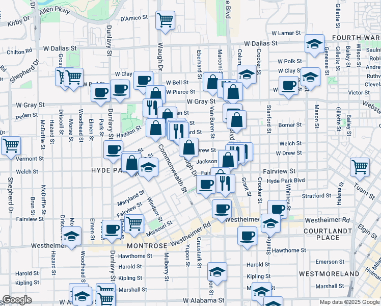 map of restaurants, bars, coffee shops, grocery stores, and more near 1225 West Drew Street in Houston