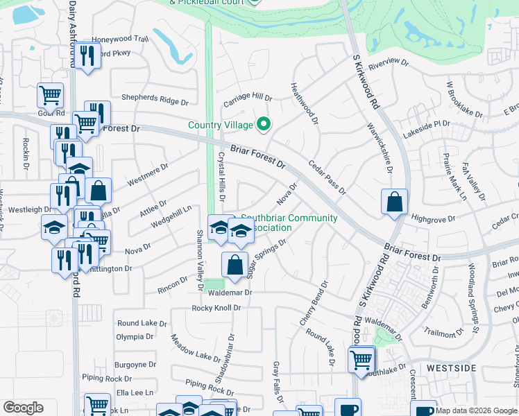 map of restaurants, bars, coffee shops, grocery stores, and more near 12103 Wedgehill Lane in Houston