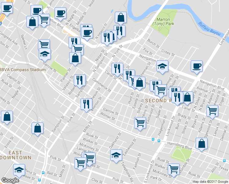 map of restaurants, bars, coffee shops, grocery stores, and more near 3808 Commerce Street in Houston
