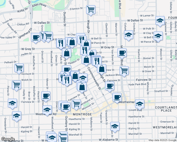map of restaurants, bars, coffee shops, grocery stores, and more near 1519 Welch Street in Houston