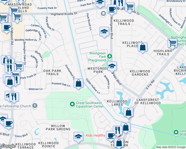 map of restaurants, bars, coffee shops, grocery stores, and more near 2223 Bristol Bend Lane in Katy