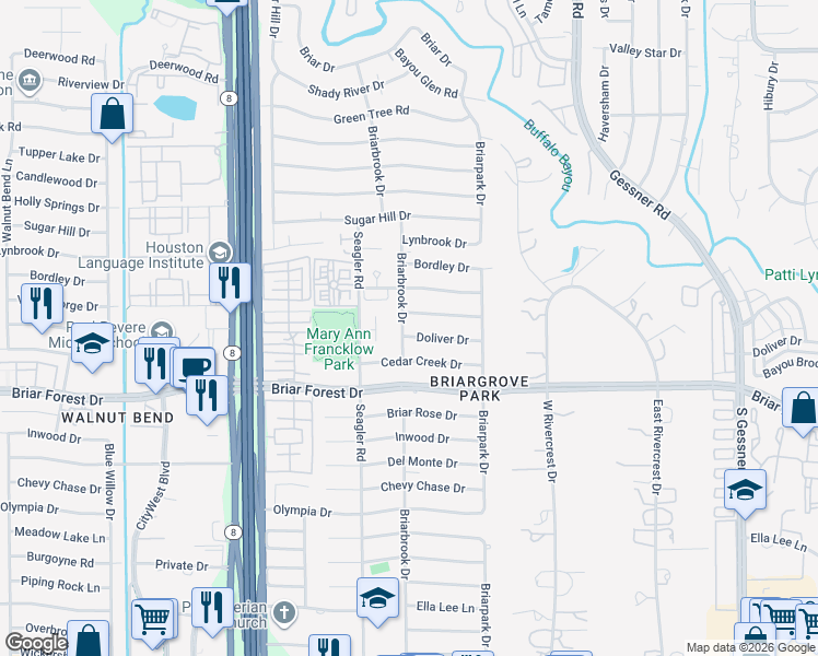 map of restaurants, bars, coffee shops, grocery stores, and more near 10046 Doliver Drive in Houston