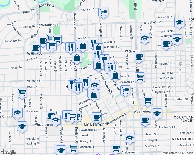 map of restaurants, bars, coffee shops, grocery stores, and more near 1519 Welch Street in Houston