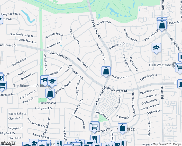 map of restaurants, bars, coffee shops, grocery stores, and more near 11835 Cedar Pass Drive in Houston