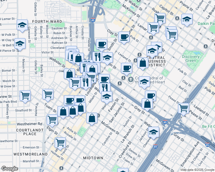 map of restaurants, bars, coffee shops, grocery stores, and more near 2107 Milam Street in Houston