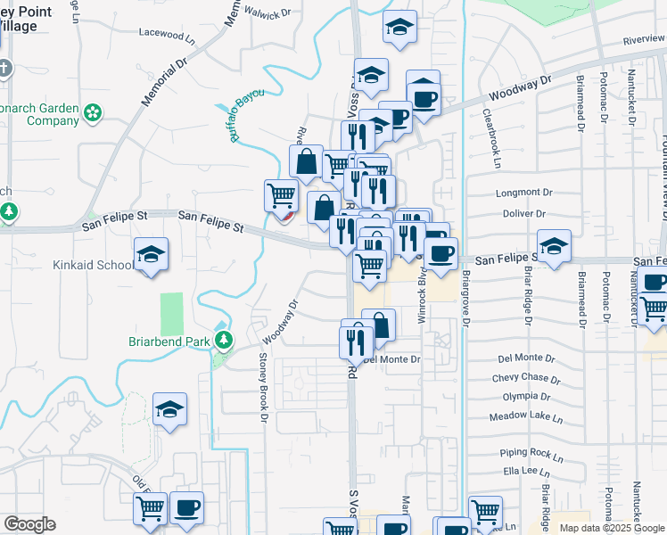 map of restaurants, bars, coffee shops, grocery stores, and more near 7508 Creekwood Drive in Houston