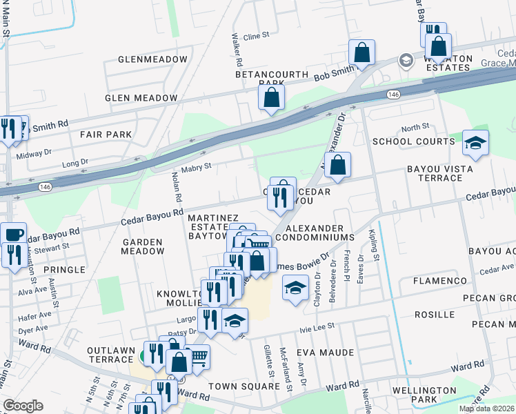 map of restaurants, bars, coffee shops, grocery stores, and more near 1317 Cedar Bayou Road in Baytown