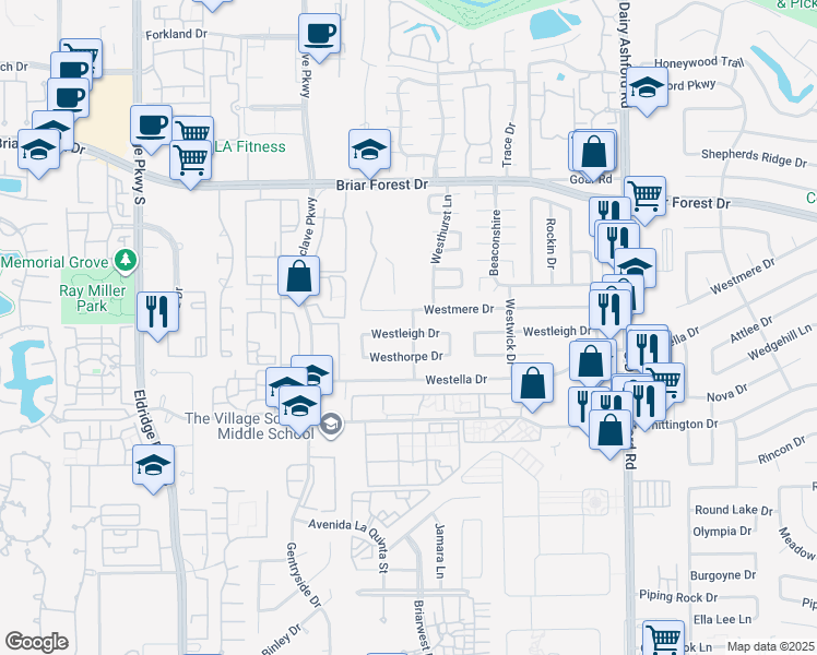 map of restaurants, bars, coffee shops, grocery stores, and more near 12902 Westleigh Drive in Houston
