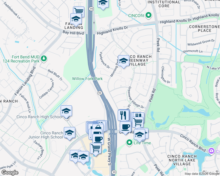 map of restaurants, bars, coffee shops, grocery stores, and more near 2143 Morning Park Drive in Katy