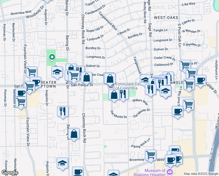 map of restaurants, bars, coffee shops, grocery stores, and more near 5599 San Felipe Street in Houston