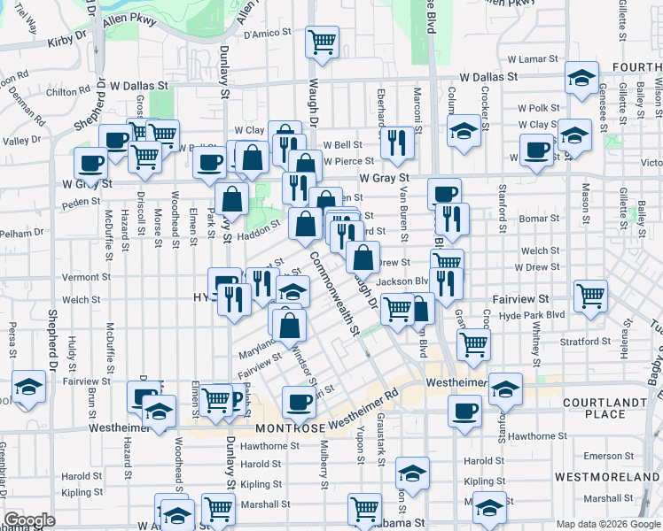map of restaurants, bars, coffee shops, grocery stores, and more near 1408 Indiana Street in Houston