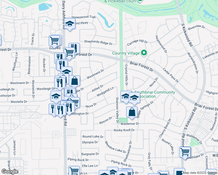 map of restaurants, bars, coffee shops, grocery stores, and more near 12326 Wedgehill Ln in Houston