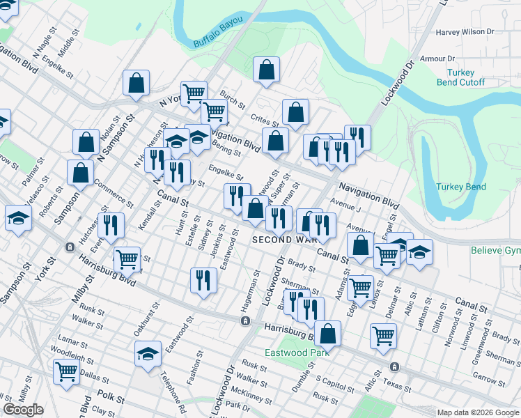 map of restaurants, bars, coffee shops, grocery stores, and more near 128 North Super Street in Houston