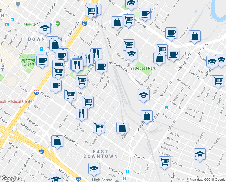 map of restaurants, bars, coffee shops, grocery stores, and more near 2810 Capitol Street in Houston