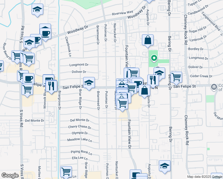 map of restaurants, bars, coffee shops, grocery stores, and more near 6019 San Felipe Street in Houston