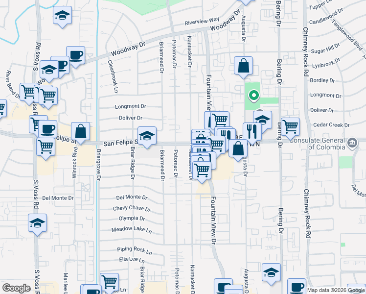 map of restaurants, bars, coffee shops, grocery stores, and more near 1711 Potomac Drive in Houston